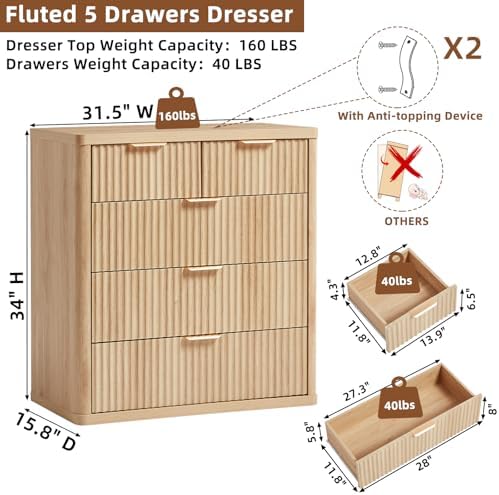 LEYAOYAO Fluted 5 Drawers Dresser for Bedroom Set of 2, 34" Tall Modern Chest of Drawers with Metal Handle, Curved Profile Design,Natural Wood Drawer Organizer for Bedroom,Living Room,Hallway,Natural - Image 2