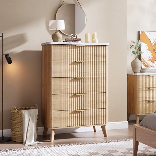 GarveeHome Fluted Dresser for Bedroom with 5 Deep Drawers, Natural Oak - Image 3