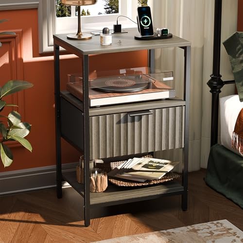 VINGLI Grey Night Stand with Charging Station and Fabric Drawer, Fluted Nightstand, Gray Nightstand with Drawer, Bed Side Table/End Table for Bedroom, Dorm, 14.96" W*11.81" D*23.7" H, 1 pc by VINGLI