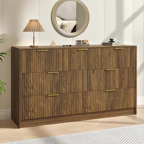 Walnut Dresser with 7 Drawer 55" Wide Fluted Dresser for Bedroom丨Modern Chest of Drawer with Metal Handles, Wood TV Stand for Bedroom, Living Room, Entryway, Hallway, Walnut by NOVAMAISON