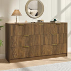 Walnut Dresser with 7 Drawer 55" Wide Fluted Dresser for Bedroom丨Modern Chest of Drawer with Metal Handles, Wood TV Stand for Bedroom, Living Room, Entryway, Hallway, Walnut by NOVAMAISON