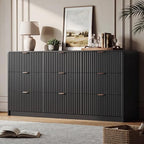 HOUROM Black Fluted Dresser for Bedroom,9 Drawer Chest,59in Wood Cabinet by HOUROMDresserforBedroom