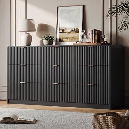 HOUROM Black Fluted Dresser for Bedroom,9 Drawer Chest,59in Wood Cabinet by HOUROMDresserforBedroom
