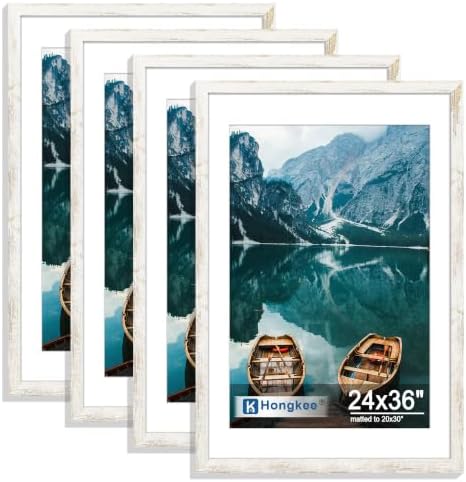Hongkee 24x36 Poster Frame Set of 4, 24x36 Distressed White Wood(Mat 20x30) by Hongkee