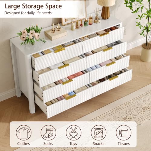 Fluted 8 Drawer Dresser, 47" High Gloss Dresser for Bedroom, White - Image 4
