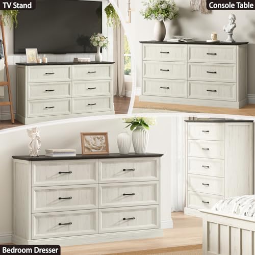 Farmhouse 6 Drawer Dresser for Bedroom, 55" White Dresser with TV Stand - Image 3