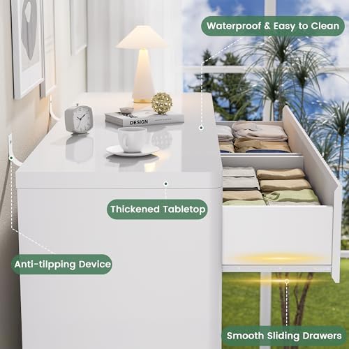 Standifurno White 8 Drawer Dresser for Bedroom, Fluted 48" Wide Wooden Chest of Drawers with Curved Modern Profile Design, Wooden Dresser TV Stand, Wood Closet Clothes Storage Drawer Organizer - Image 5