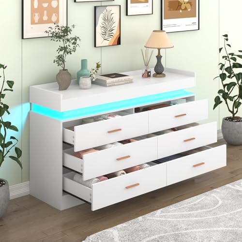 Hlivelood 6 Drawer Dresser with LED Light and Charging Station, Modern Chest of Drawers for Closet, Wide Drawer Organizer Cabinet for Bedroom, Living Room, Entryway, Hallway(6 Drawer White) - Image 3