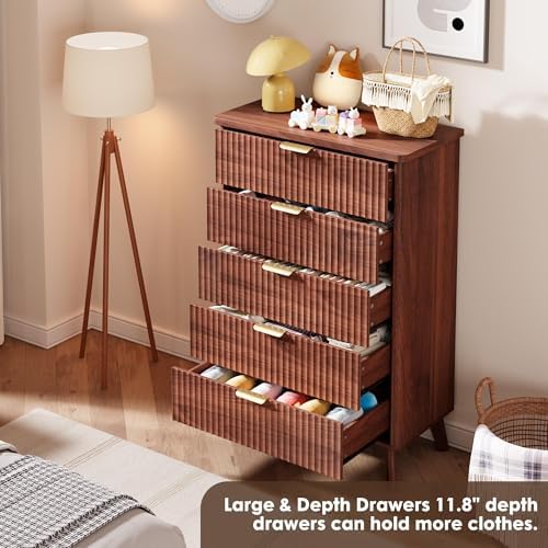 GarveeHome Fluted Dresser for Bedroom with 5 Deep Drawers, Walnut - Image 5
