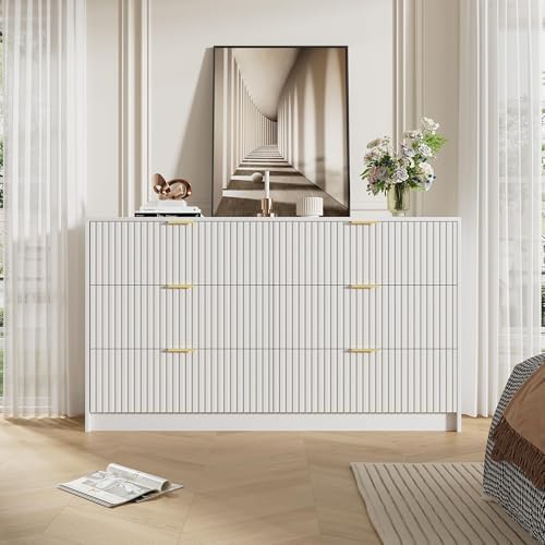 Furniway White Dresser for Bedroom, Modern Dresser with 6 Drawers and Smooth Slides, Wide Chest of Drawers with Golden Handles for Bedroom, Living Room, Closet, 15.7" D x 55.1" W x 31.4" H - Image 5