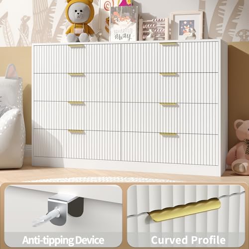 White Dresser with 8 Drawer 55" Wide Fluted Dresser for Bedroom丨Double Drawer Dresser Modern Chest of Drawers with Gold Handle, Wood TV Stand for Bedroom, Living Room, Entryway, White - Image 5