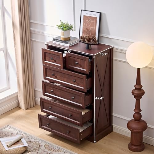Farmhouse 6 Drawers Dresser Chests for Bedroom,Dark Cherry Red Wood Dresser - Image 5