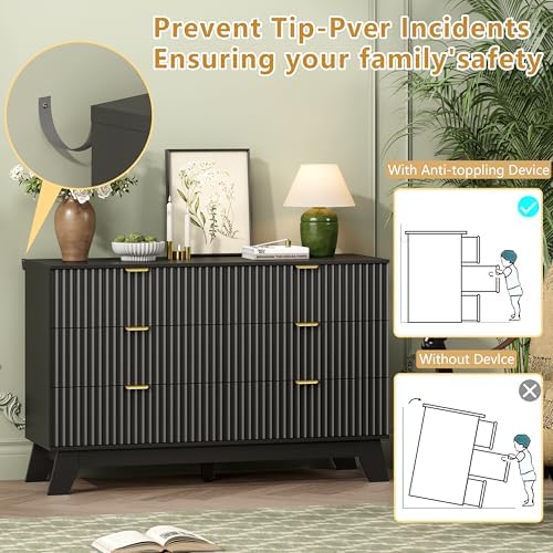 Wodeer 6 Drawer Fluted Dresser for Bedroom, Mid Century Modern Dresser with 6 Drawers, Dressers & Chests of Drawers with Metal Handle, TV Stand & Storage Organizer for Entryway, Hallway, Black - Image 6