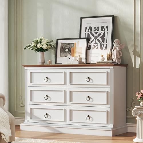 HUAHUU Farmhouse 6 Drawer Dresser for Bedroom, 47" Wide Chest of Drawers with Roman Column, White Wood Dresser with Antique Bronze Circle Handles, Storage Organizer for Living Room, Hallway, Entryway by HUAHUU