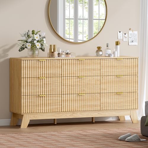 Wodeer 9 Drawer Fluted Dresser for Bedroom, Mid Century Modern Wooden Dresser with 9 Drawers, Dressers & Chests of Drawers with Metal Handle, TV Stand & Storage Organizer for Entryway, Hallway, Oak by WODEER
