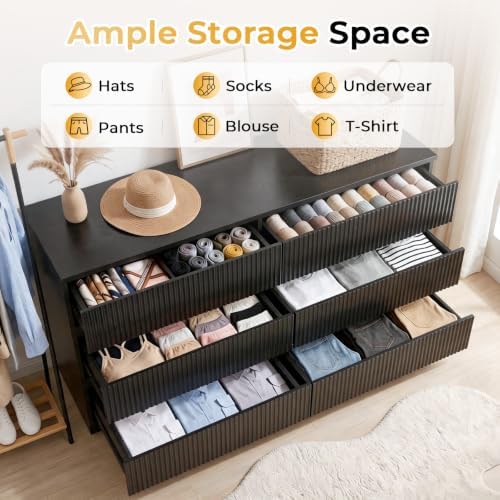 Karl home Black 6 Drawer Fluted Dresser, Modern Storage Chest of Drawers - Image 6