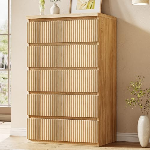 Fluted 5 Drawer Dresser for Bedroom, 43" Tall Dresser for Bedroom, Modern Fluted Chest of Drawers, Handle-Free/Floor-Mounted Wood Drawer Dresser for Living Room, Bedroom, Entryway, Hallway (Oak) by JOCOEVOL