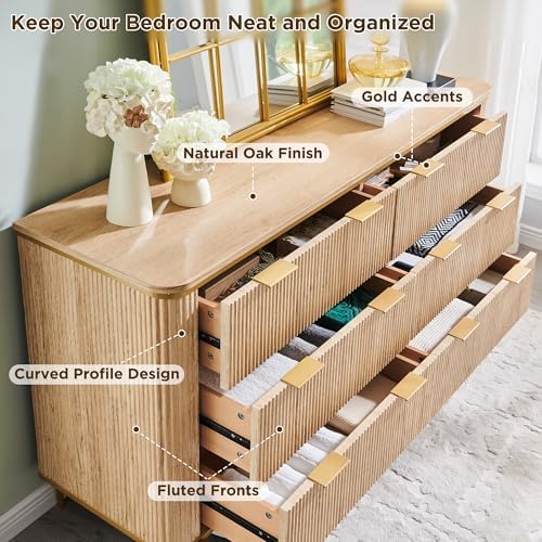 T4TREAM 6-Drawer Dresser Fluted Design, with Gold Accents (Natural Oak) - Image 3