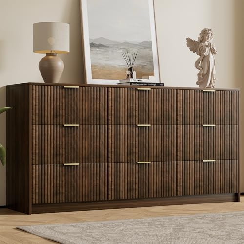 Furniway Walnut Dresser for Bedroom, Modern Dresser with 9 Drawers and Smooth Slides, Wide Chest of Drawers with Golden Handles for Bedroom, Living Room, Closet, 15.7" D x 63" W x 31.5" H by Furniway