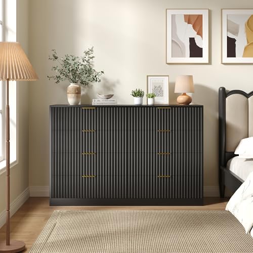 Black 8 Drawer Dresser for Bedroom, 55" Wide Fluted Chest of Drawers with Gold Metal Handles, Modern Wooden Dresser, Closet Storage Organizer Mid Century TV Stand for Living Room Hallway - Image 5