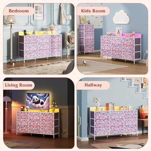 WLIVE Dresser TV Stand 9 Drawers, Fabric Chest LED Lights, Tie-dye - Image 3