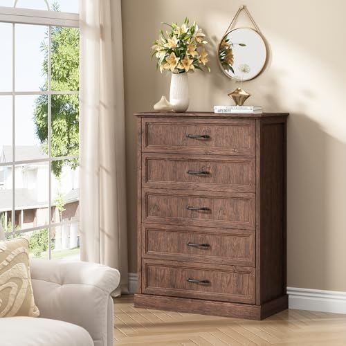 CARPETNAL Farmhouse 5 Drawer Dresser for Bedroom, 44" Tall Brown Dresser. - Image 3