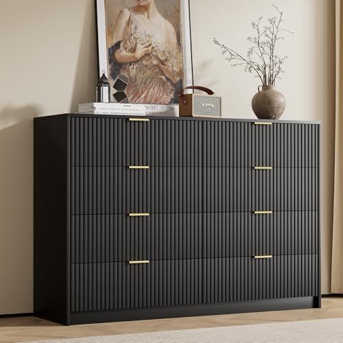 Furniway Black Dresser for Bedroom, Modern Dresser with 8 Drawers and Smooth Slides, Wide Chest of Drawers with Golden Handles for Bedroom, Closet, 15.7" D x 55" W x 37.4" H by Furniway