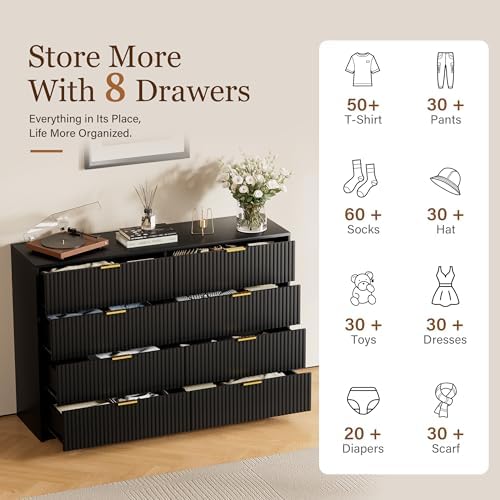 Furniway Black Dresser for Bedroom, Modern Dresser with 8 Drawers and Smooth Slides, Wide Chest of Drawers with Golden Handles for Bedroom, Closet, 15.7" D x 55" W x 37.4" H - Image 4