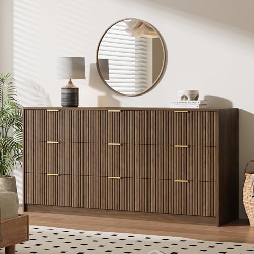MAISONARIA 9 Drawer Dresser for Bedroom, 63" Wide Modern Fluted Dresser with Gold Metal Handles, Chest of Drawers for Bedroom, Living Room, Entryway, Hallway, Walnut - Image 5