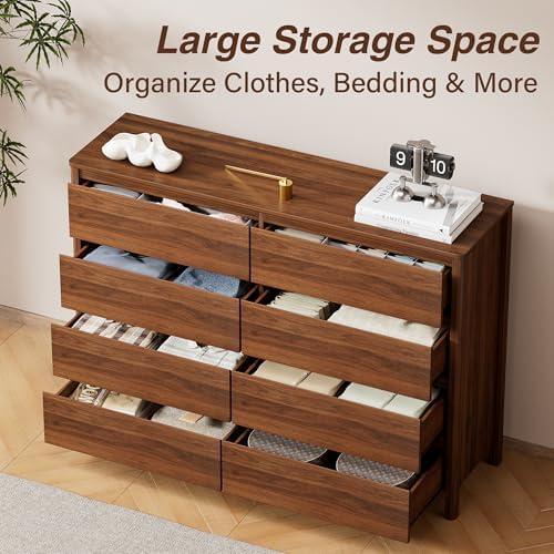 Furniway 55" Mid-Century Modern Dresser for Bedroom, 8 Drawer Wide Chest of Drawers with Wood Legs, Large Storage Bedroom Dresser, Walnut - Image 5