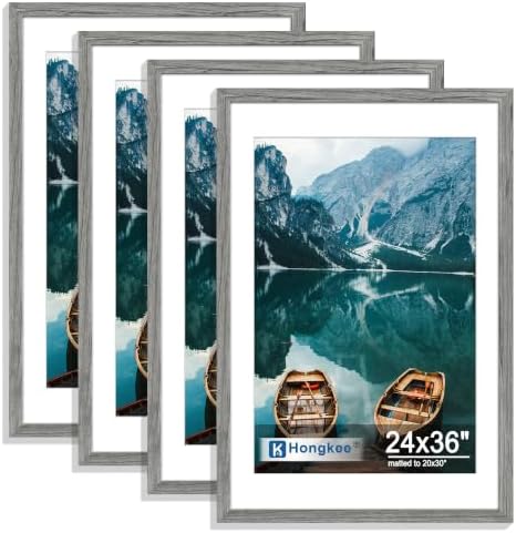 Hongkee 24x36 Poster Frame Set of 4, 24 x 36 Grey Wood Style(Mat 20x30) by Hongkee