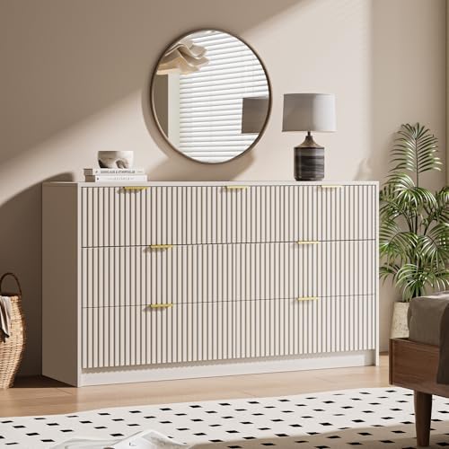 MAISONARIA Beige 7 Drawer Dresser for Bedroom, 55.9" Wide Modern Fluted Dresser with Gold Metal Handles, Wide Chest of Drawers for Bedroom, Living Room, Entryway, Hallway - Image 6