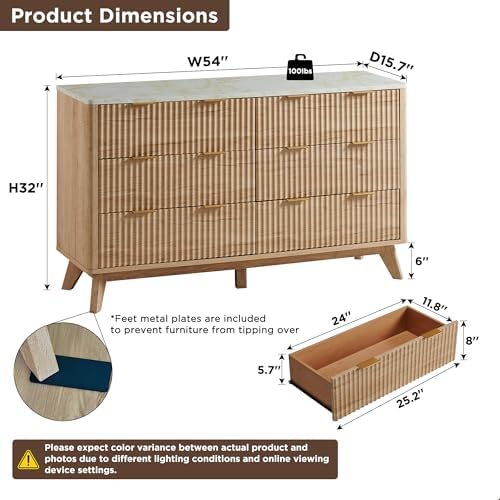 T4TREAM 54" Wide Fluted 6 Drawer Dresser for Bedroom, Natural Oak - Image 2