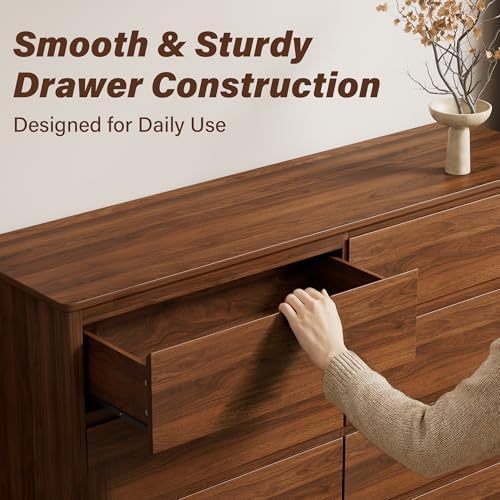 Furniway 55" Mid-Century Modern Dresser for Bedroom, 8 Drawer Wide Chest of Drawers with Wood Legs, Large Storage Bedroom Dresser, Walnut - Image 4