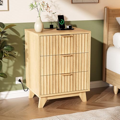 VINGLI Fluted Nightstand with Charging Station, 3 Drawer Nightstand Oak Modern Night Stand for Bedroom, Fluted Bedside Table/End Table/Side Table, 17.72" W*13.78" D*23.62" H, 1 pc - Image 6