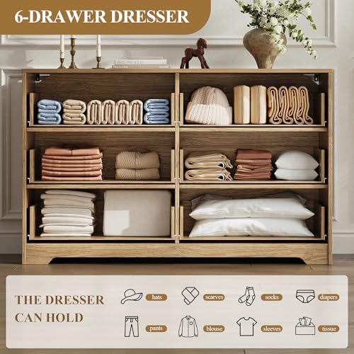 MALOL Coastline Fluted 6 Drawers Dresser for Bedroom, 48" Wide Modern Chest of TV Stand Organizers with Metal Handle, Storage Wooden Dresser Drawer for Living Room, Hallway, Closet, Walnut Wood - Image 6