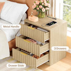 TEENFON Fluted Nightstands Set of 2, Night Stand with Charging Station and LED Light, Nightstand with 3 Storage Drawers, Bedside Table for Small Space, Bedroom, Natural - Image 7