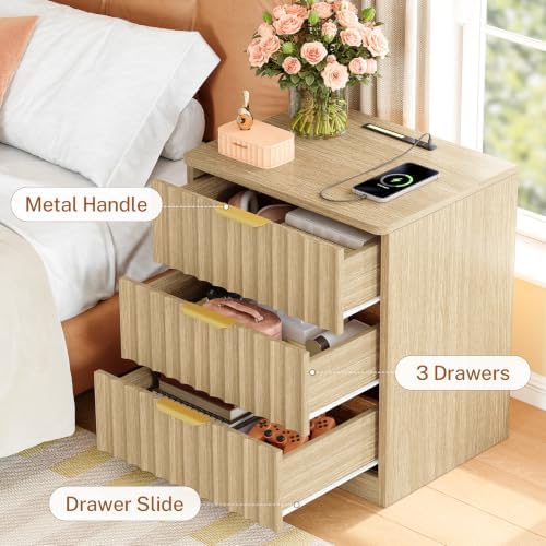 TEENFON Fluted Nightstands Set of 2, Night Stand with Charging Station and LED Light, Nightstand with 3 Storage Drawers, Bedside Table for Small Space, Bedroom, Natural - Image 7
