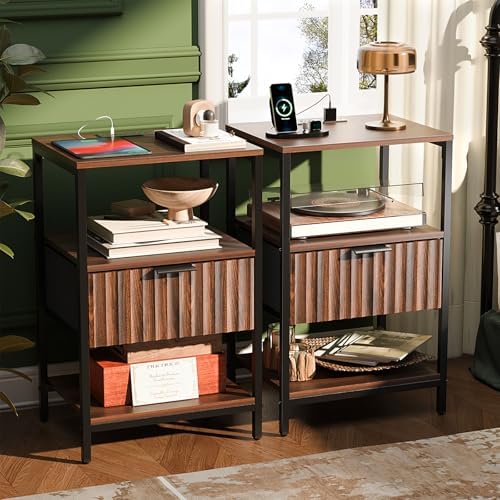 VINGLI Nightstands Set of 2 with Fabric Drawer, Walnut Nightstand with Charging Station, Fluted Night Stands, Bedside Tables/End Tables with Charger Station, Side Table Bedroom,Small Night Stand,2 pcs by VINGLI