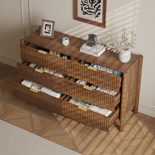 CHUWELL 6 Drawer Dresser 55" Fluted Walnut for Bedroom with Solid Wood Legs - Image 7
