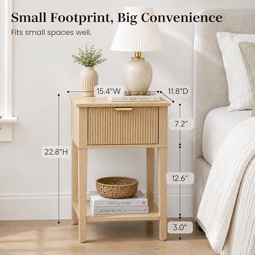 Natural Oak 15.4" Wide Small Nightstand with Drawer,Open Shelf,Fluted - Image 2