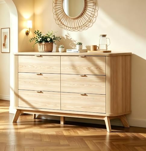 HUAHUU Fluted 6 Drawers Dresser for Bedroom, 55" Mid Century Modern Dresser & Chests of Drawers, Curved Profile Design, TV Stand, Wood Storage Organizer for Living Room, Entryway, Hallway, Oak by HUAHUU