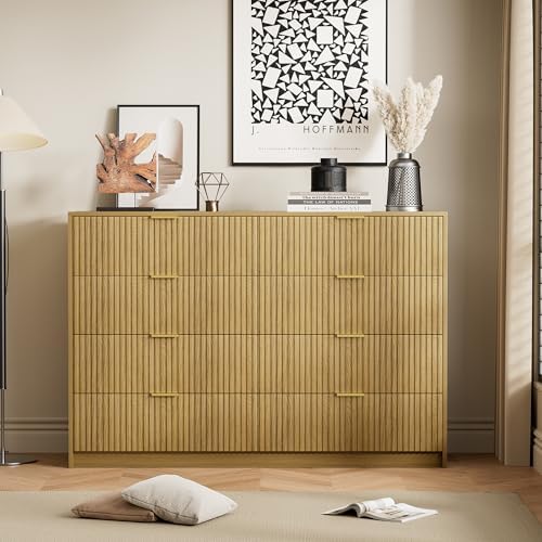 Furniway Mid Century Modern Dresser for Bedroom, 8 Drawer Wood Dresser with Fluted Front, 55" Wide Chest of Drawers for Closet, Living Room, Hallway, Natural Oak - Image 6