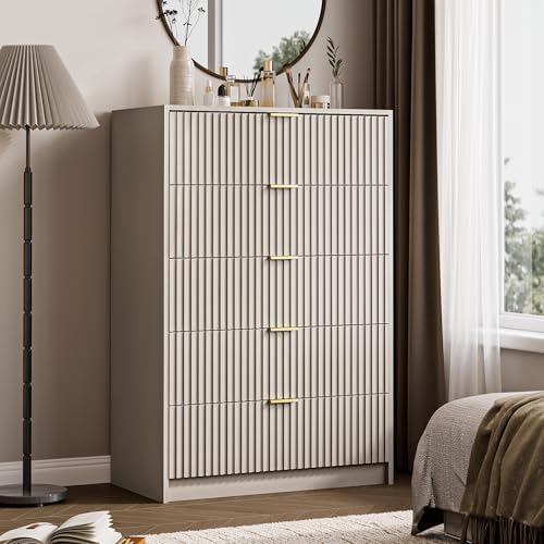MAISONARIA 5 Drawer Dresser for Bedroom, Tall Dresser Chest of Drawers with Gold Handles, 32 Inch Wide Nightstand with for Bedroom, Living Rooms, Offices, and Entryways, Beige - Image 6