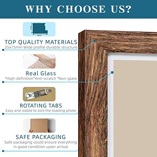 Hongkee 6x6 Picture Frame Set of 4, Made of Glass and Rustic Brown Wooden Frame - Display Picture 4x4 with Mat or 6 x 6 Without Mat, 6x6 Photo for Wall or Tabletop - Image 6