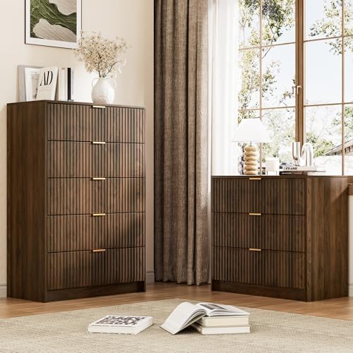 Furniway Walnut Dresser for Bedroom, Modern Dresser with 3 Drawers and Smooth Slides, Wide Chest of Drawers with Golden Handles for Bedroom, Living Room, Closet, 15.7" D x 31.5" W x 29.6" H - Image 6