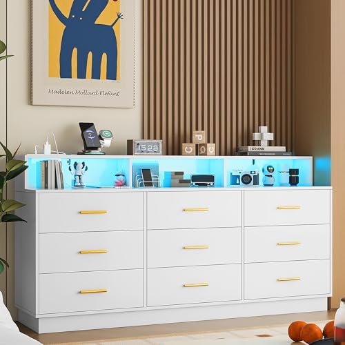 UNIQUITE White 9 Drawer Dressers for Bedroom, Modern Large Dresser with LED Light and Power Outlet, Wooden Long Dresser for Bedroom, Entryway, Hallway by UNIQUITE