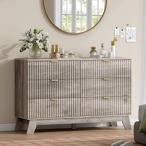 Wodeer 6 Drawer Fluted Dresser for Bedroom, Mid Century Modern Wooden Dresser with 6 Drawers, Dressers & Chests of Drawers with Metal Handle, TV Stand & Storage Organizer for Entryway, Hallway, Grey by WODEER