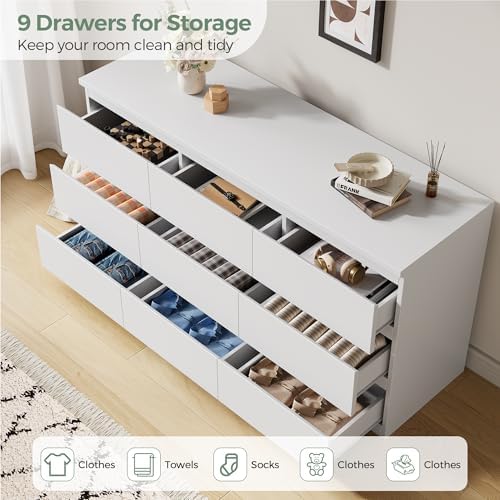 Jocoevol Modern 9 Drawer Dresser for Bedroom, Simply Chest of Drawers, Wood Storage Dresser with Deep Drawers for Living Room Hallway Entryway (White) - Image 4