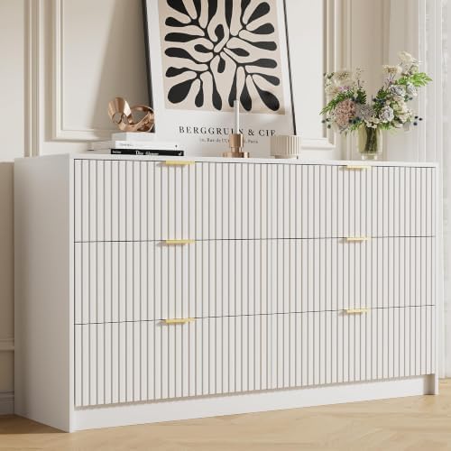 Furniway White Dresser for Bedroom, Modern Dresser with 6 Drawers and Smooth Slides, Wide Chest of Drawers with Golden Handles for Bedroom, Living Room, Closet, 15.7" D x 55.1" W x 31.4" H by Furniway